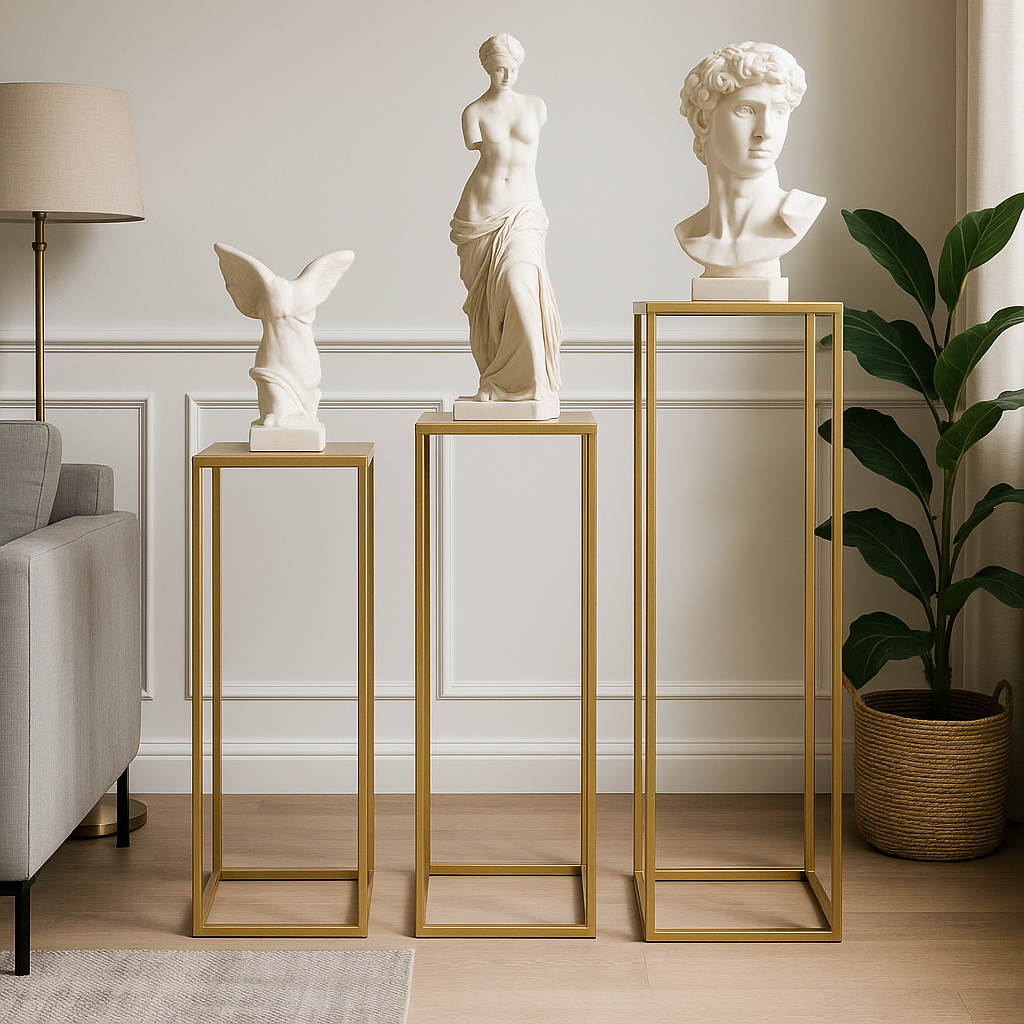 Set de 3 Pedestales Dorados de Acero para Decoración Moderna