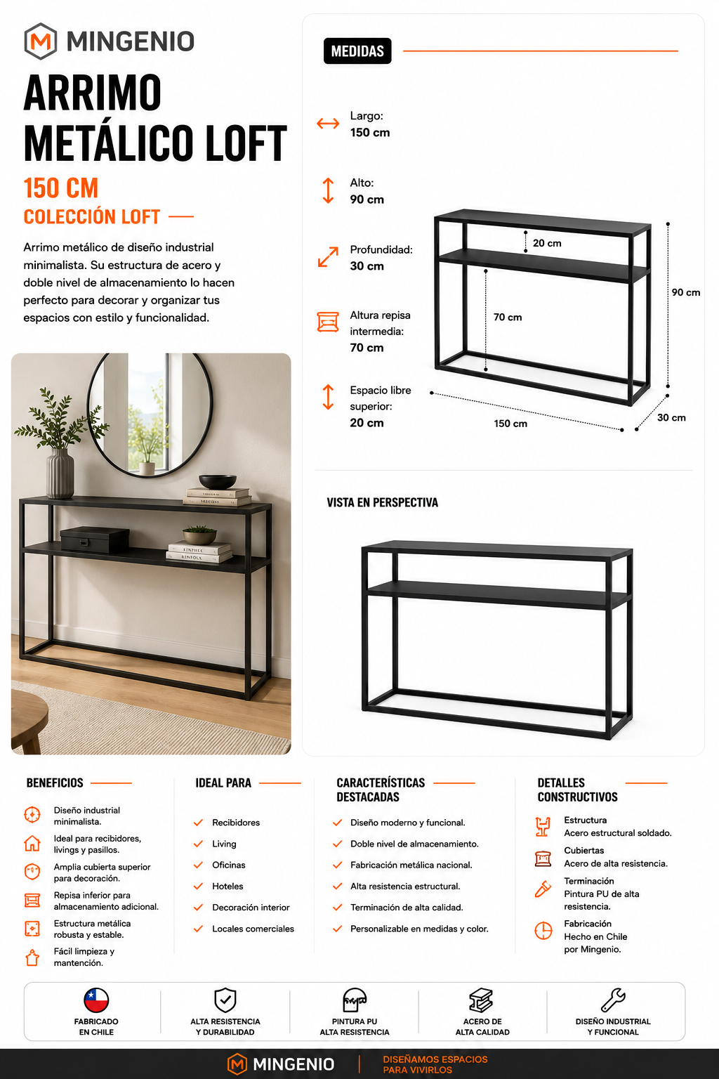 Arrimo Industrial de Metal 150 cm Loft