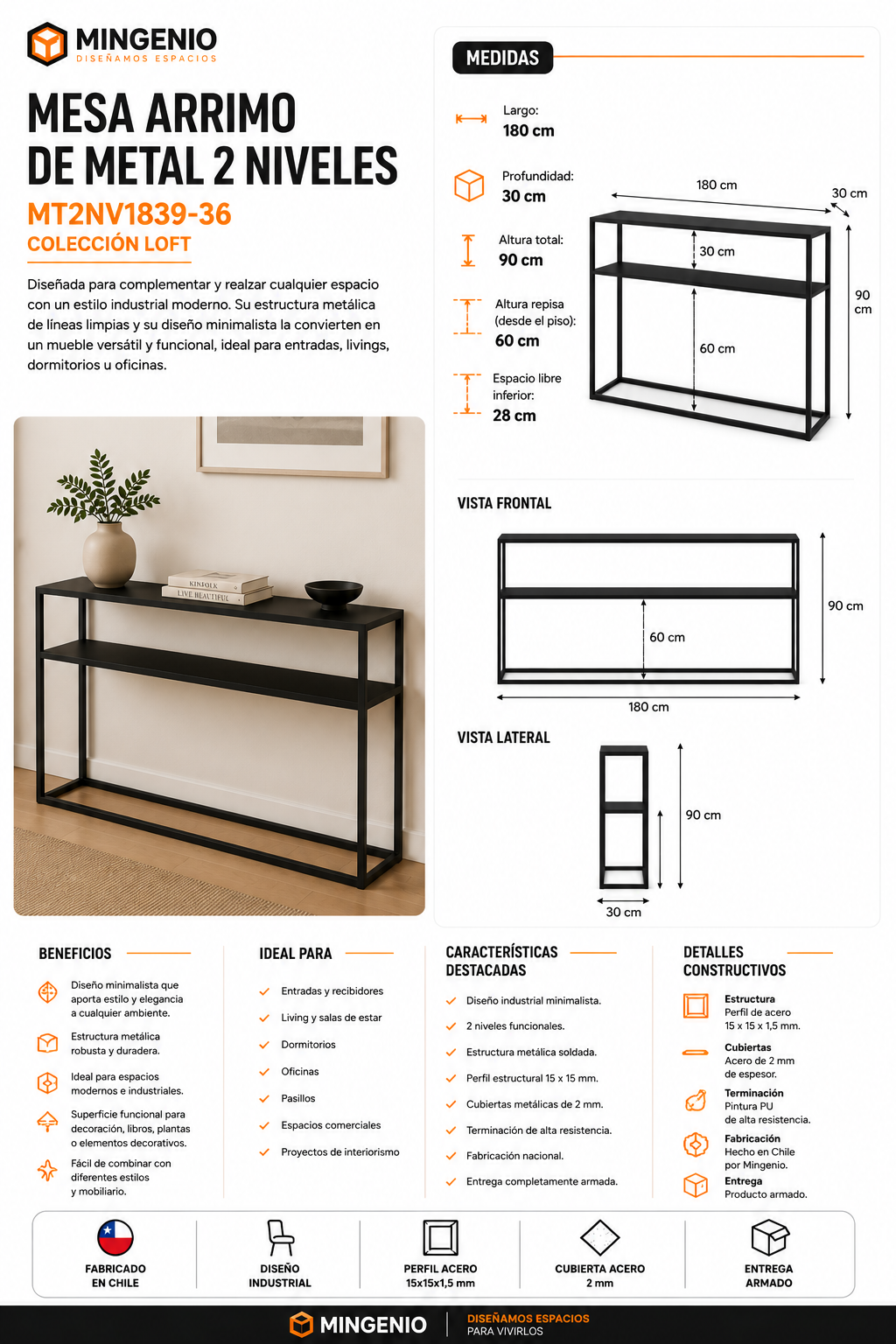 Mesa Arrimo Industrial de Metal con Doble Nivel
