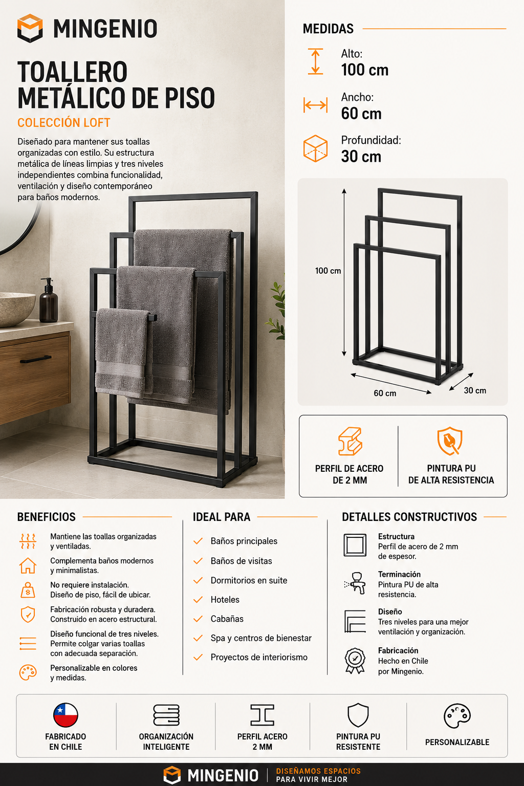 Toallero Minimalista de Acero para Baño