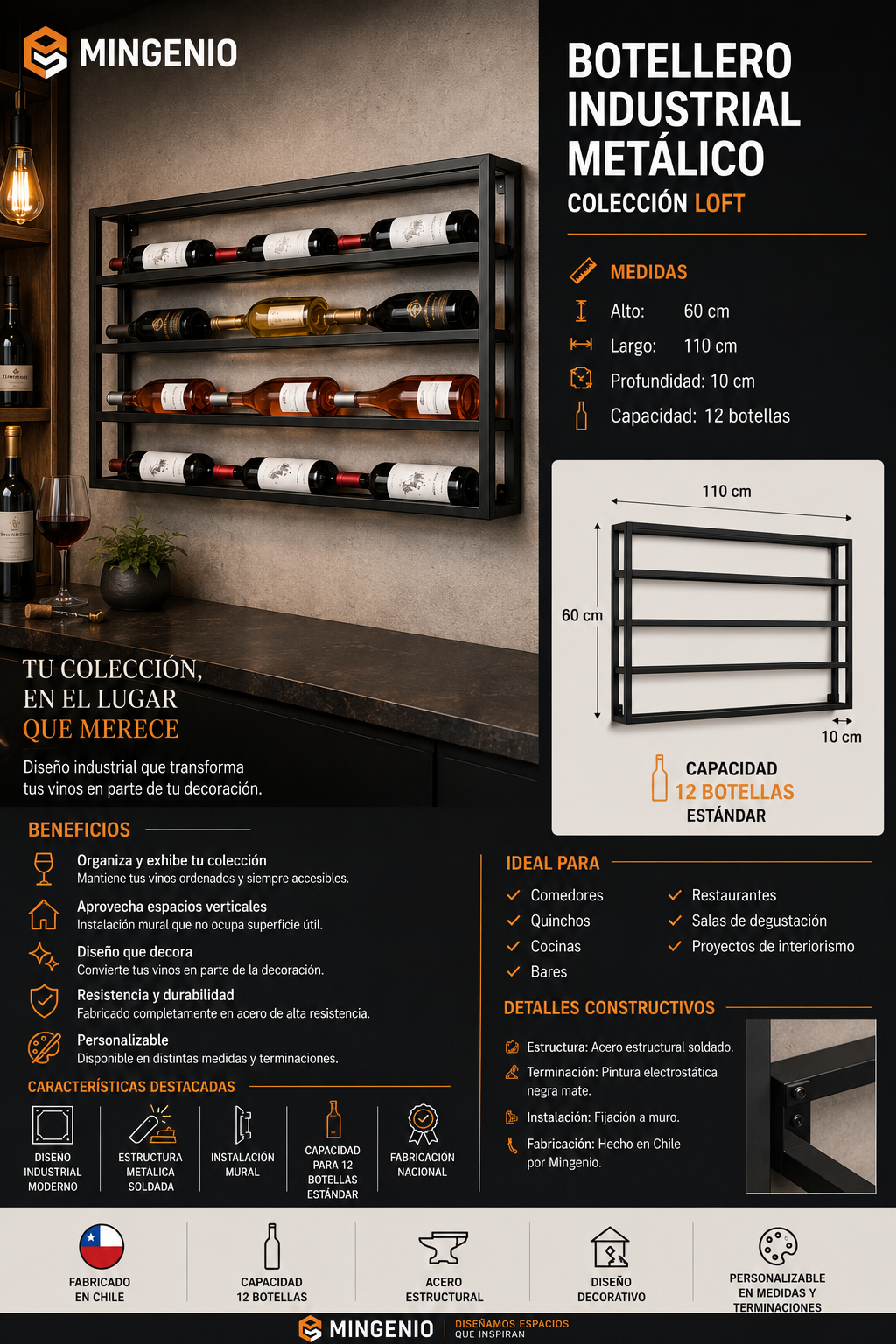 Botellero Industrial de Metal para Vinos