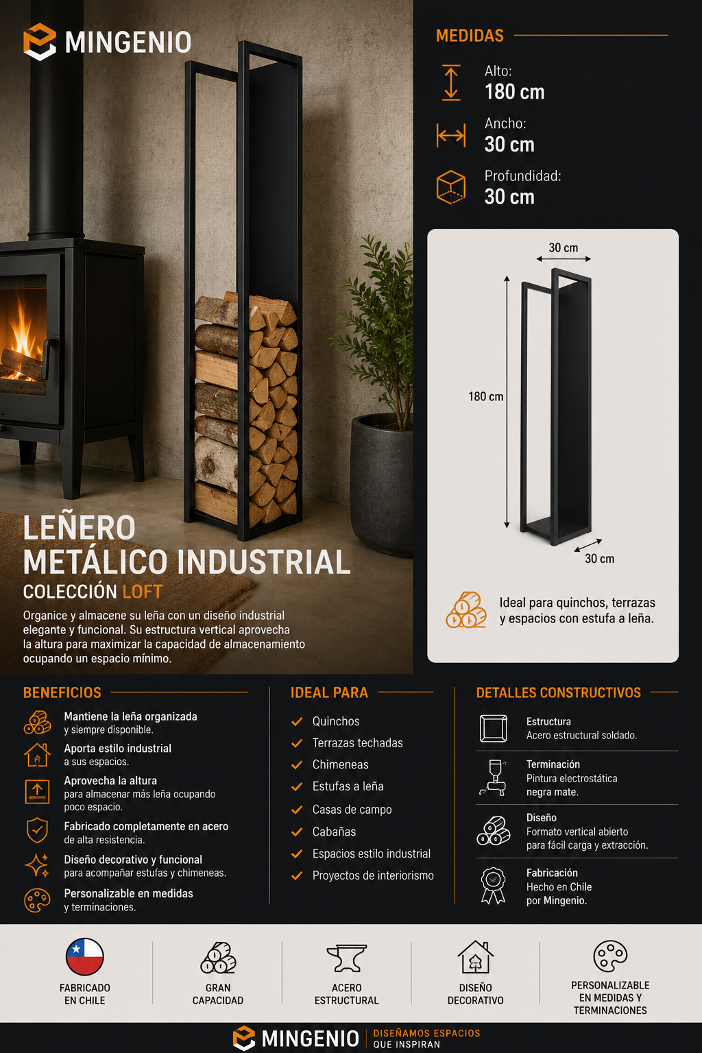 Leñero Metálico Industrial para Chimenea