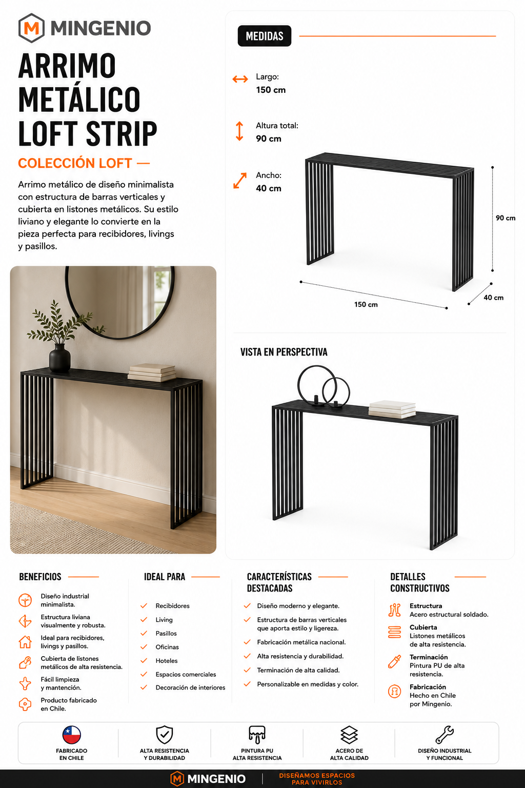 Arrimo Industrial Metálico Strip para Hall y Living