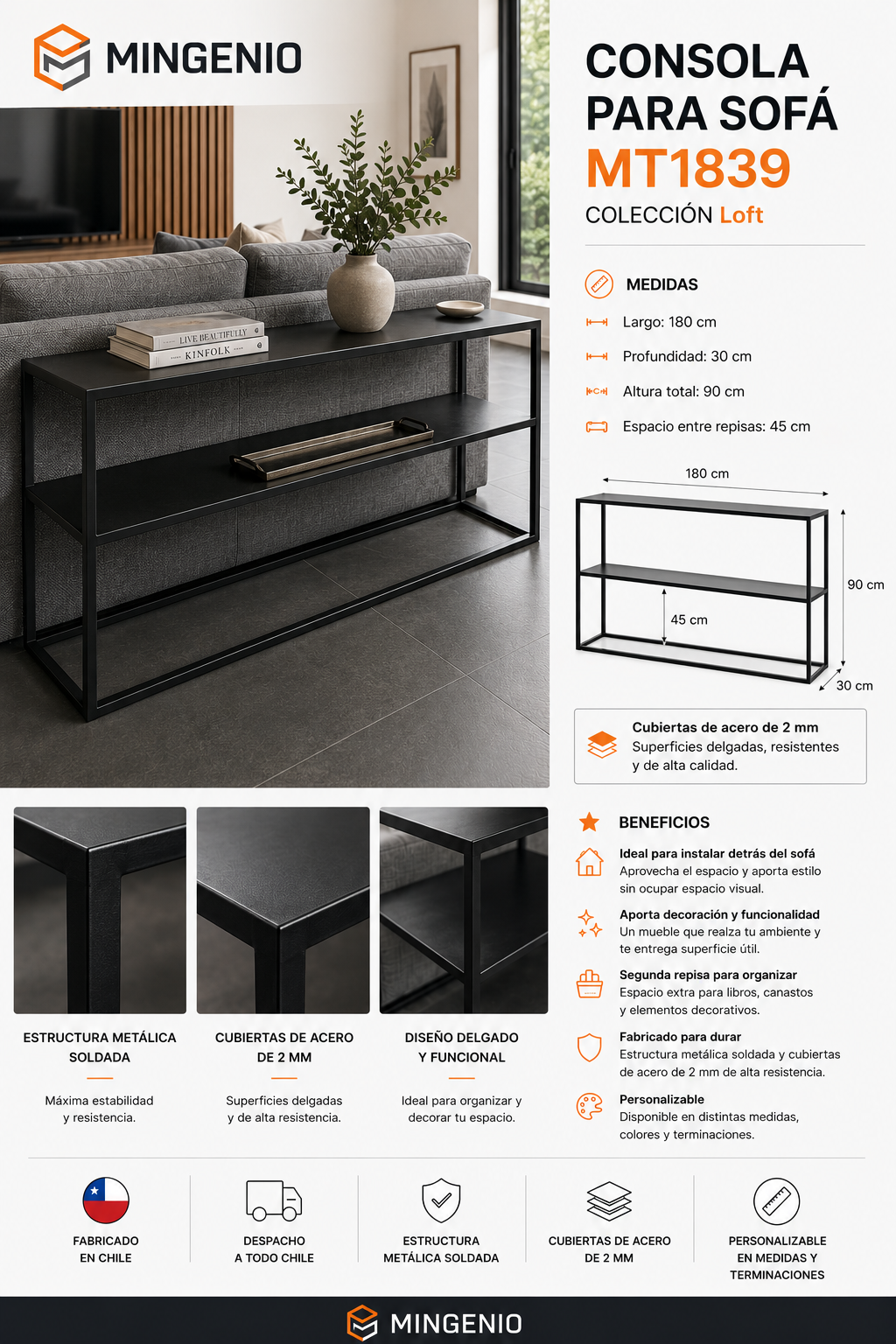 Mesa Consola para Sofá Estilo Industrial Fabricada en Chile