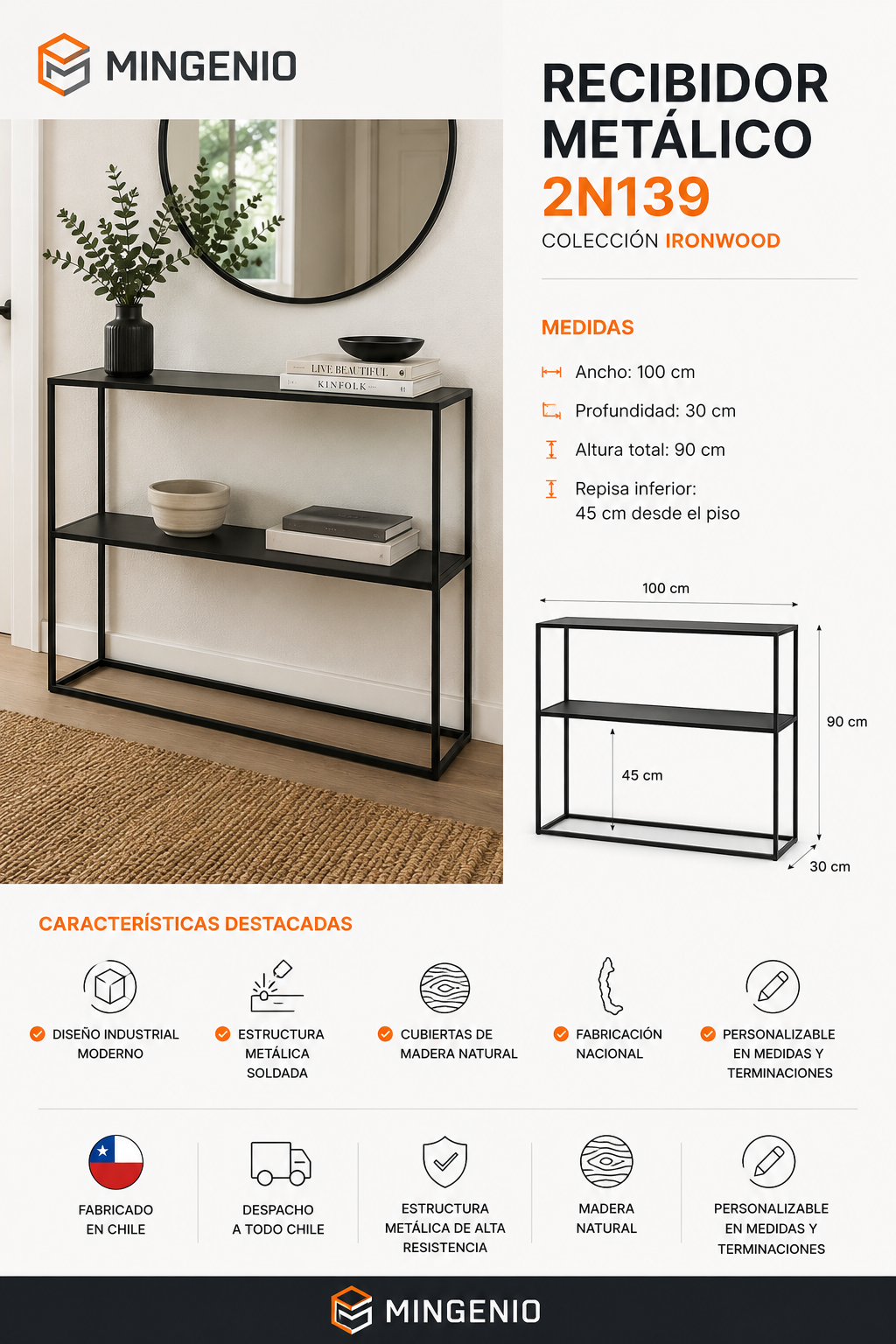 Recibidor Industrial de Acero Negro para Entrada de Hogar -FT