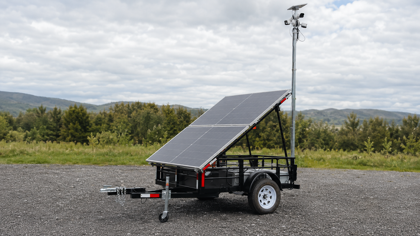 Carro portapaneles solares con mástil telescópico y cámara de vigilancia fabricado por Mercurio Trailers