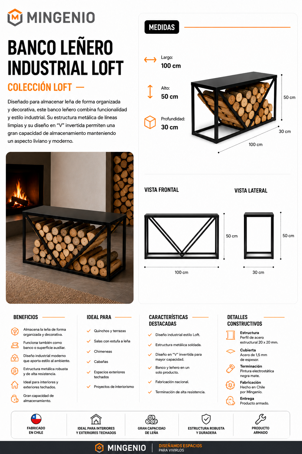 Banco Leñero Industrial de Metal para Chimenea