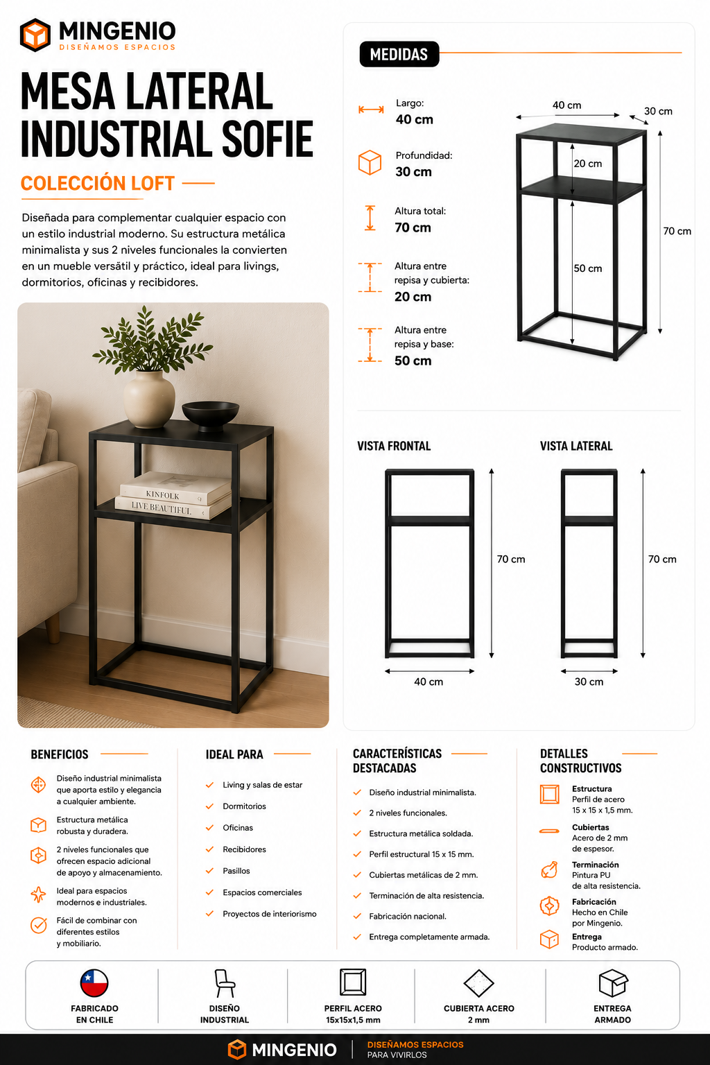 Mesa Lateral Industrial de Metal Sofie